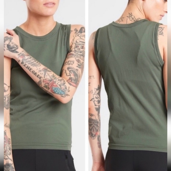 Athleta, Renew Ribbed‎ Tank Top, Sleeveless Crew Neck, Olive Green , Size XS - Picture 5 of 8